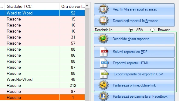 Caracteristica de export a raportului de originalitate