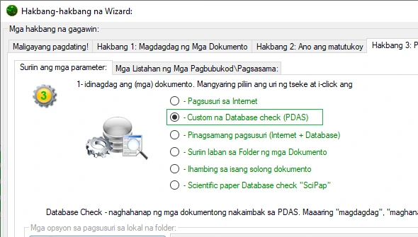 PDAS Custom Database check na napili sa check wizard ng Plagiarism Detector